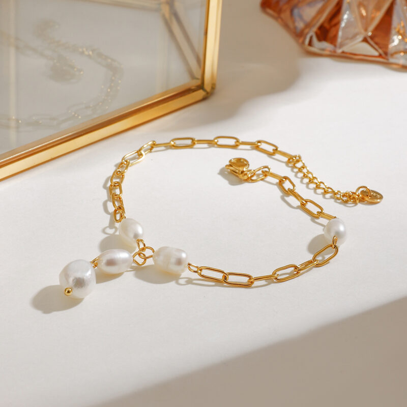 Boho 18K Gold Plated Pearl Anklet – Y-Shaped Waterproof Paperclip Chain - Image 5