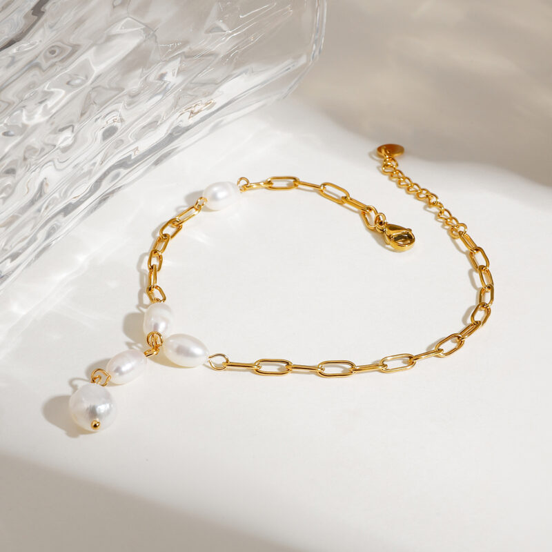 Boho 18K Gold Plated Pearl Anklet – Y-Shaped Waterproof Paperclip Chain - Image 3