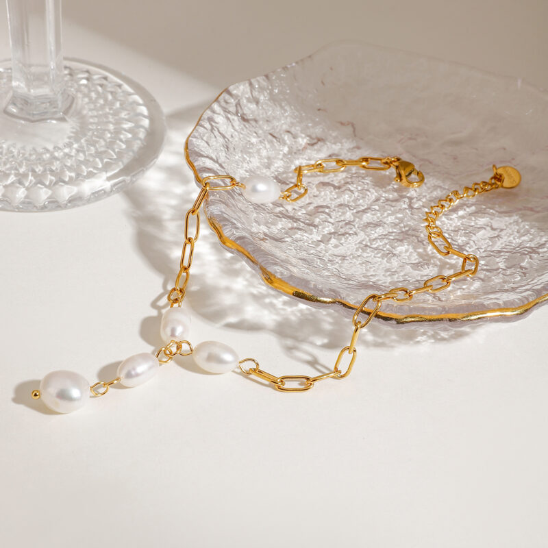 Boho 18K Gold Plated Pearl Anklet – Y-Shaped Waterproof Paperclip Chain - Image 7