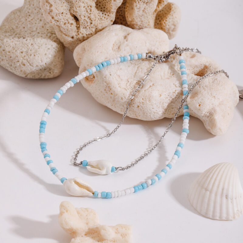 Women's Blue & White Beaded Shell Anklet – 18K Gold-Plated Stainless Steel - Image 3