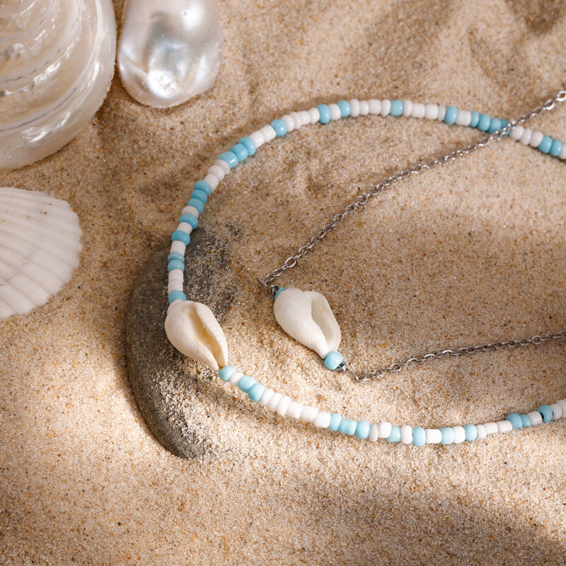 Women's Blue & White Beaded Shell Anklet – 18K Gold-Plated Stainless Steel - Image 5