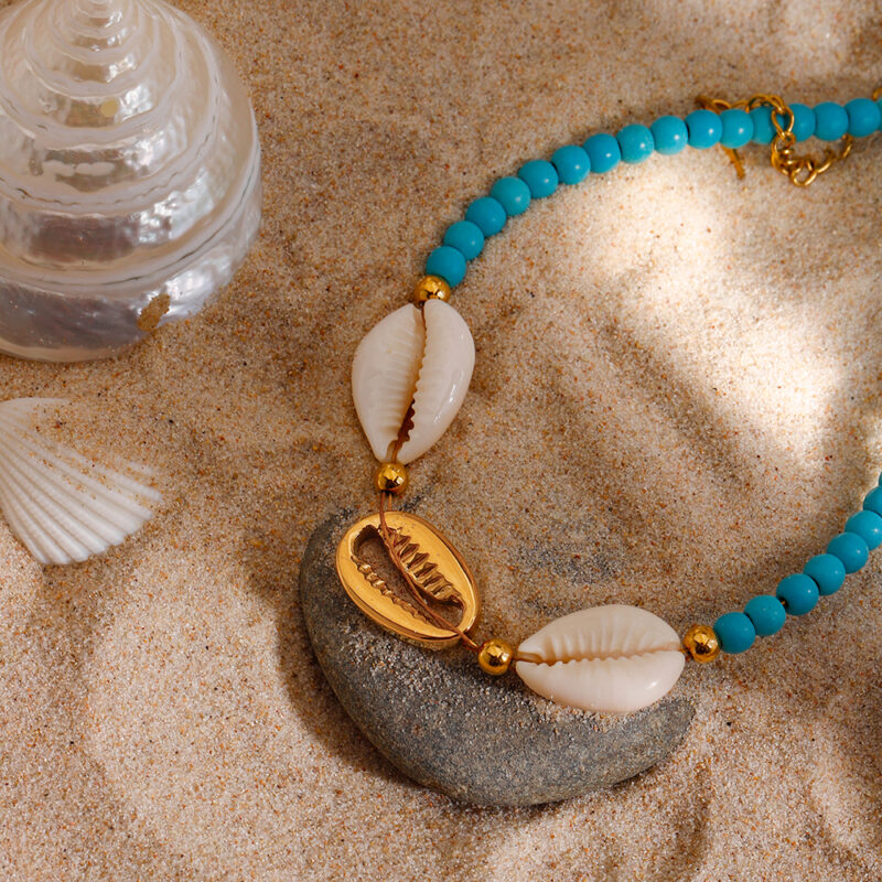 Women's Blue & White Beaded Shell Anklet – 18K Gold-Plated Stainless Steel - Image 4