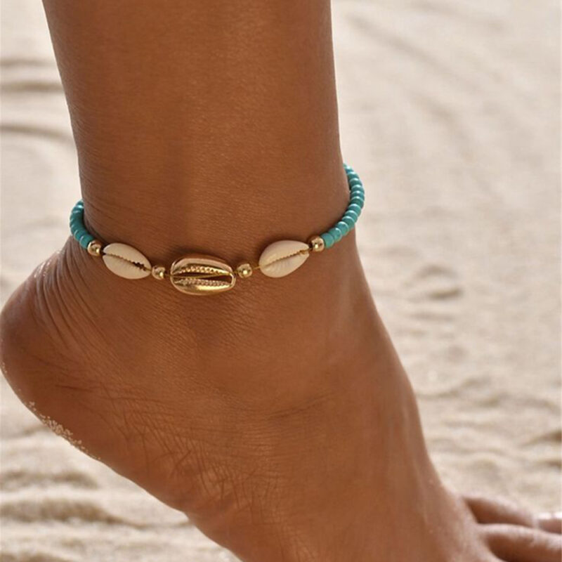 Women's Blue & White Beaded Shell Anklet – 18K Gold-Plated Stainless Steel