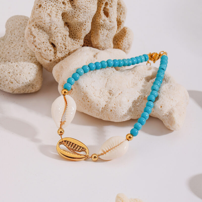Women's Blue & White Beaded Shell Anklet – 18K Gold-Plated Stainless Steel - Image 2