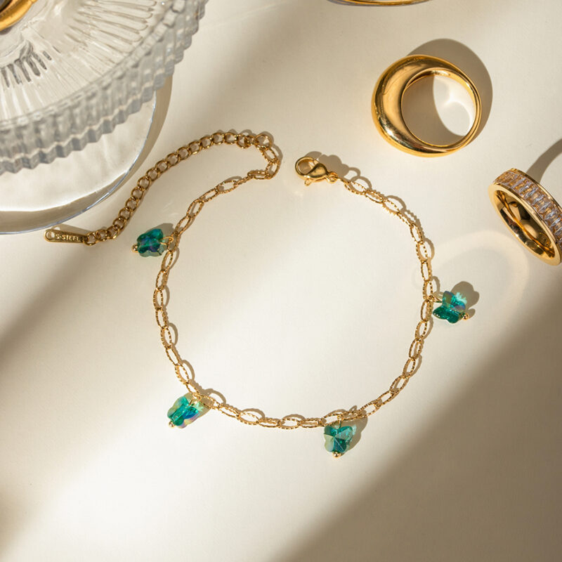 18K Gold Plated Green Butterfly Anklet – Waterproof Stainless Steel Jewelry - Image 3