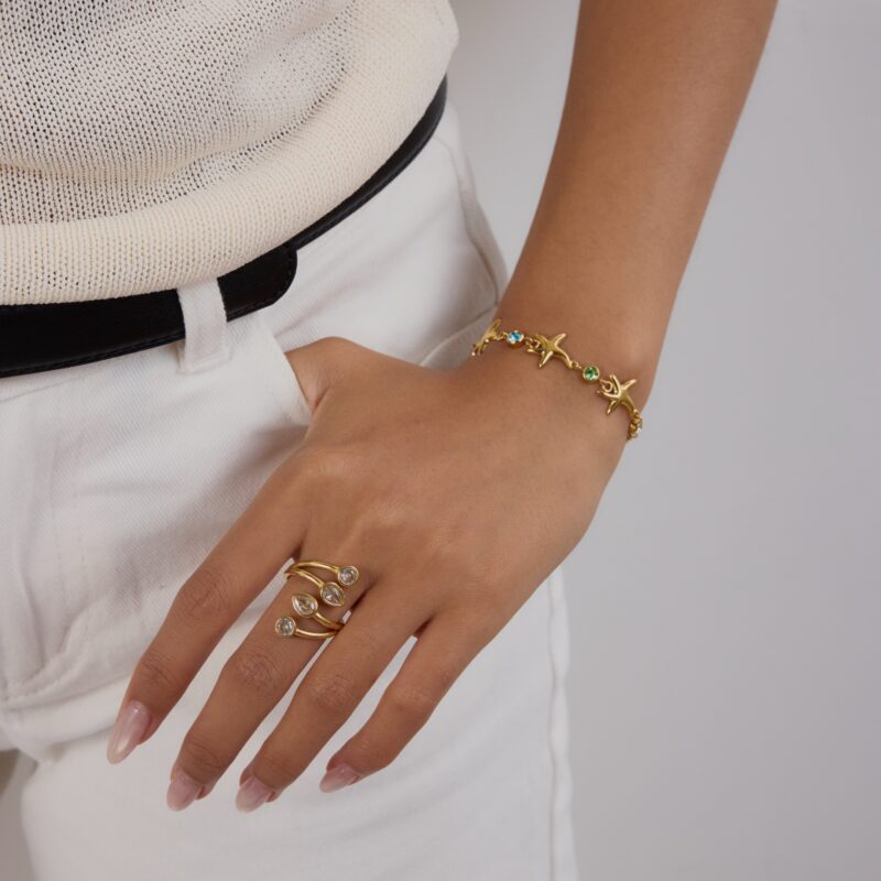 Women's 18K Gold-Plated Starfish Bracelet with Colorful Zircon for Ocean-Inspired Elegance