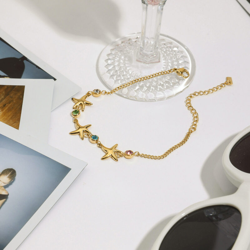 Women's 18K Gold-Plated Starfish Bracelet with Colorful Zircon for Ocean-Inspired Elegance - Image 7