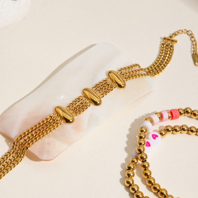 18K Gold-Plated Multi-Layer Chain Bracelet for Women - Glossy Oval Link Design - Image 6