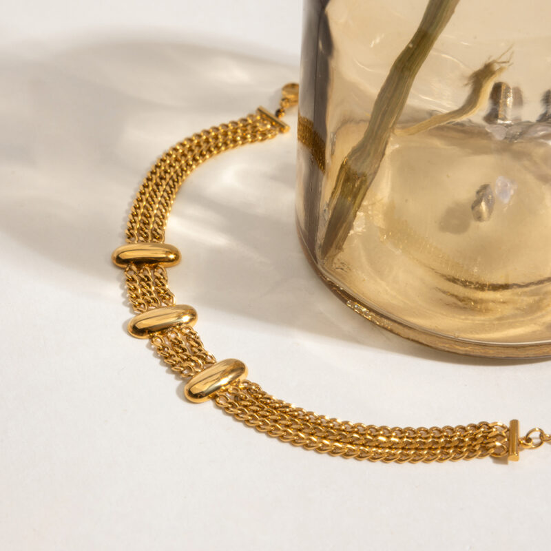 18K Gold-Plated Multi-Layer Chain Bracelet for Women - Glossy Oval Link Design - Image 4