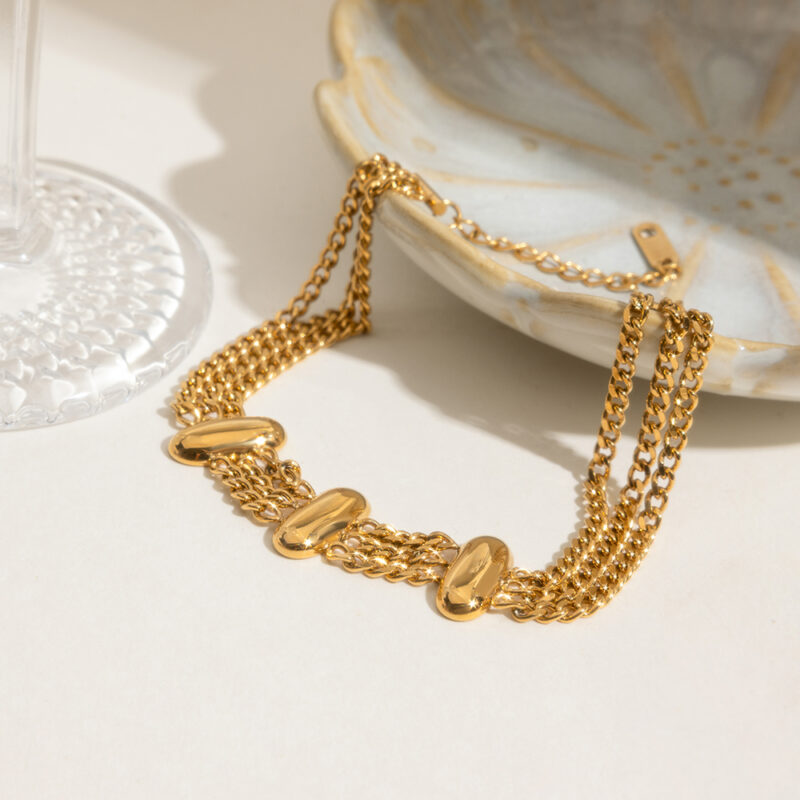 18K Gold-Plated Multi-Layer Chain Bracelet for Women - Glossy Oval Link Design - Image 7