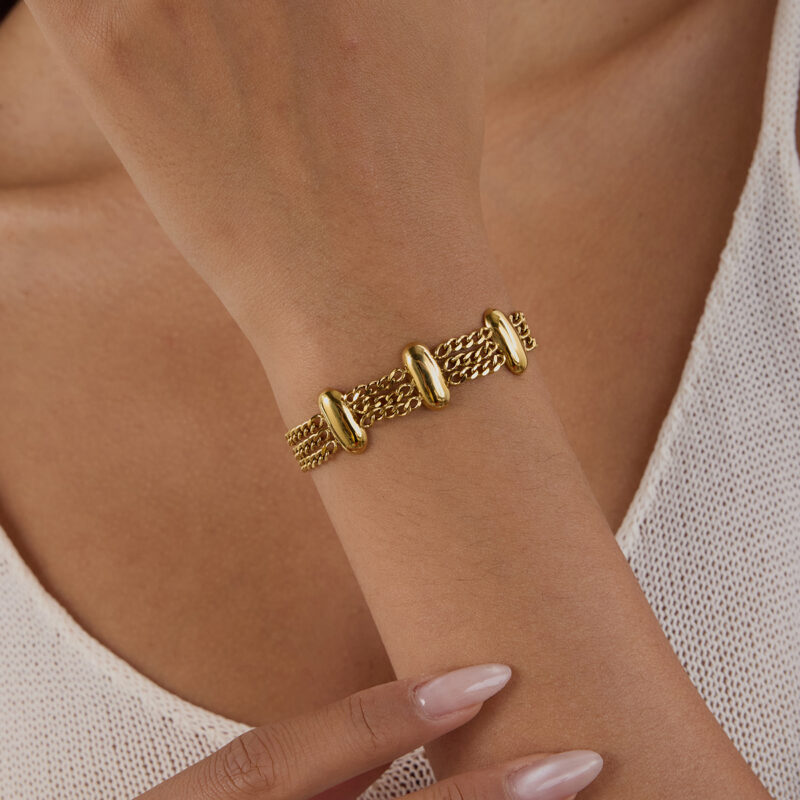 18K Gold-Plated Multi-Layer Chain Bracelet for Women - Glossy Oval Link Design - Image 3