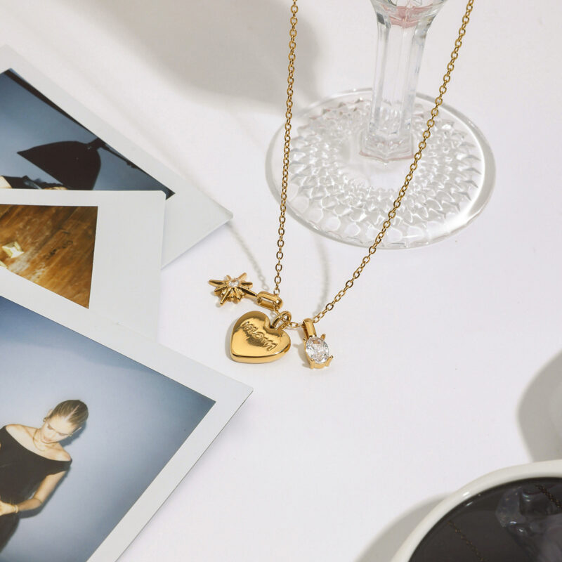 Exquisite "MOM" Heart Pendant Necklace 18K Gold-plated Stainless Steel with Zircon for Women - Image 2