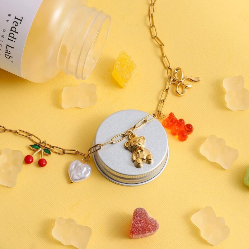Multi-Charm Bear & Cherry Pendant Necklace, 18K Gold Plated, Stainless Steel - Image 3
