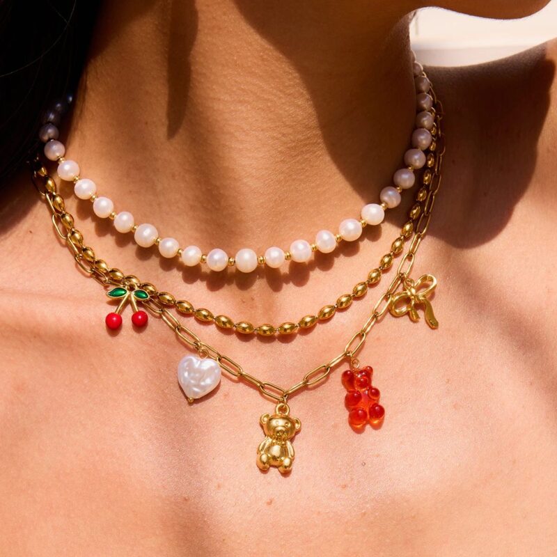 Multi-Charm Bear & Cherry Pendant Necklace, 18K Gold Plated, Stainless Steel - Image 4