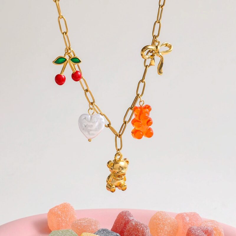 Multi-Charm Bear & Cherry Pendant Necklace, 18K Gold Plated, Stainless Steel - Image 6