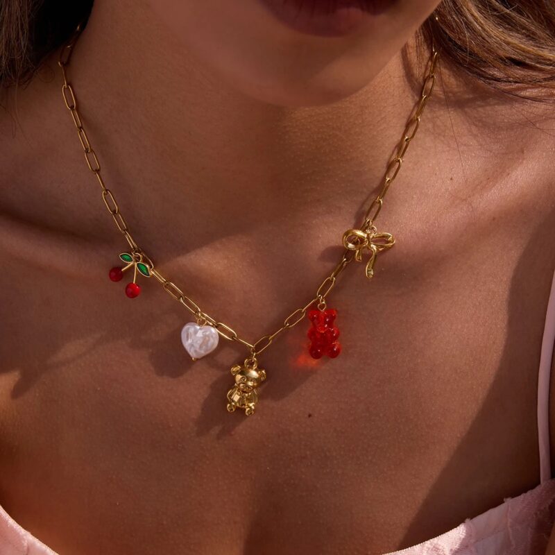 Multi-Charm Bear & Cherry Pendant Necklace, 18K Gold Plated, Stainless Steel - Image 2