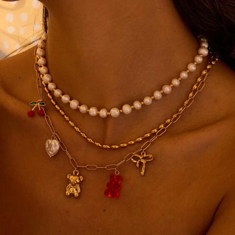 Multi-Charm Bear & Cherry Pendant Necklace, 18K Gold Plated, Stainless Steel - Image 5
