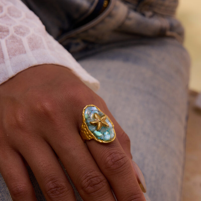Boho Starfish Open Ring with Crushed Shell Inlay – 18K Gold-Plated Stainless Steel - Image 4