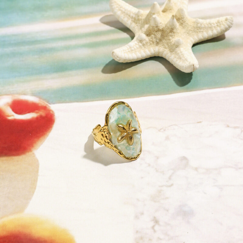 Boho Starfish Open Ring with Crushed Shell Inlay – 18K Gold-Plated Stainless Steel - Image 5