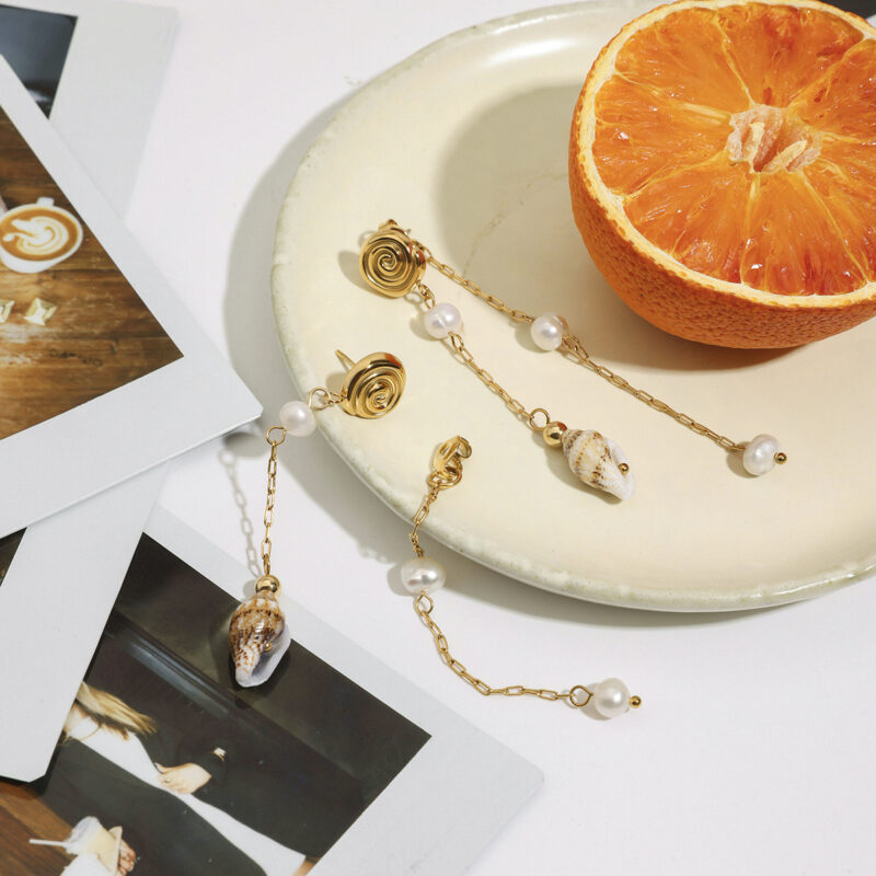 Gold Conch and Pearl Tassel Earrings - Image 5