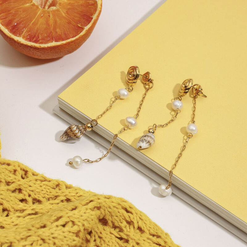 Gold Conch and Pearl Tassel Earrings - Image 7