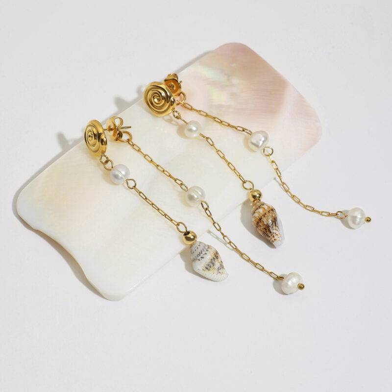 Gold Conch and Pearl Tassel Earrings - Image 6