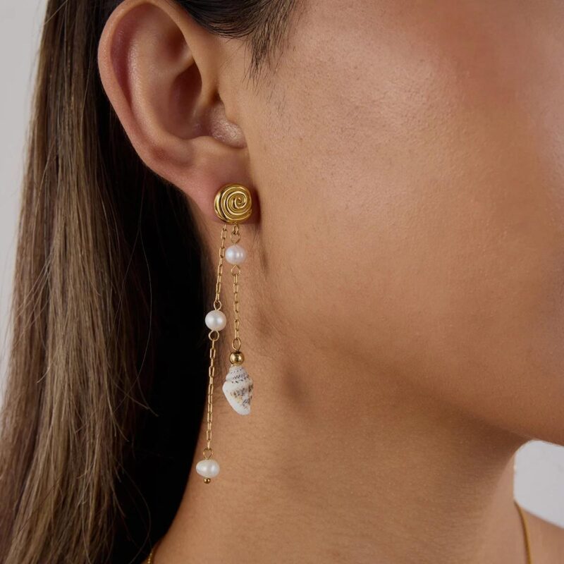 Gold Conch and Pearl Tassel Earrings