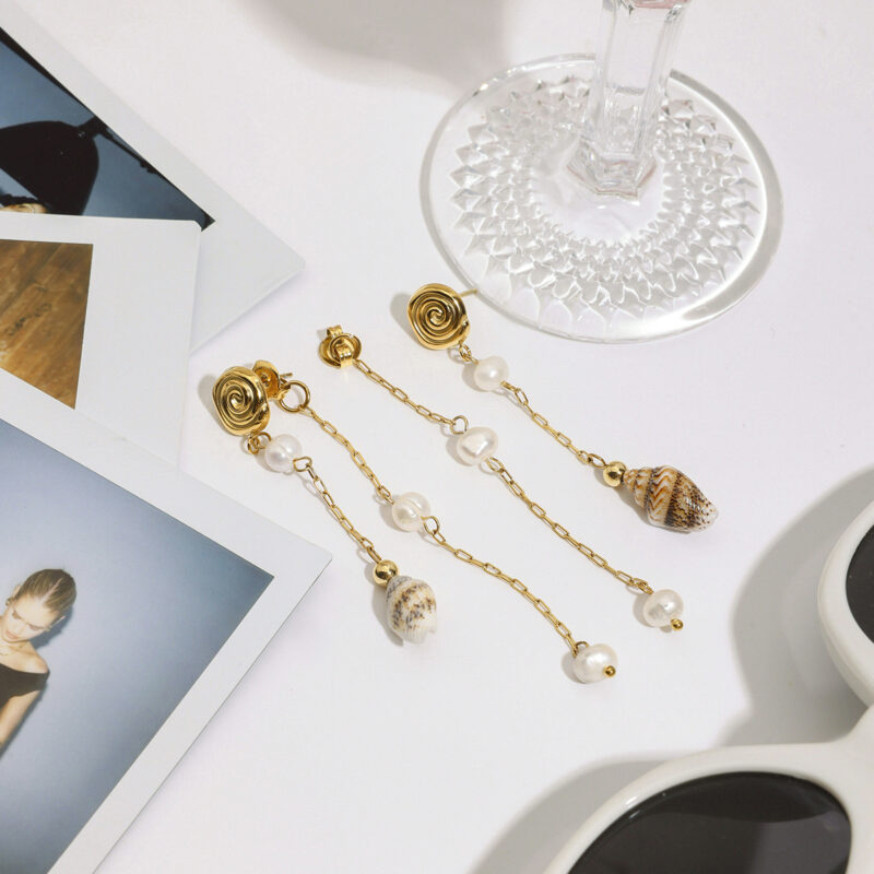 Gold Conch and Pearl Tassel Earrings - Image 4