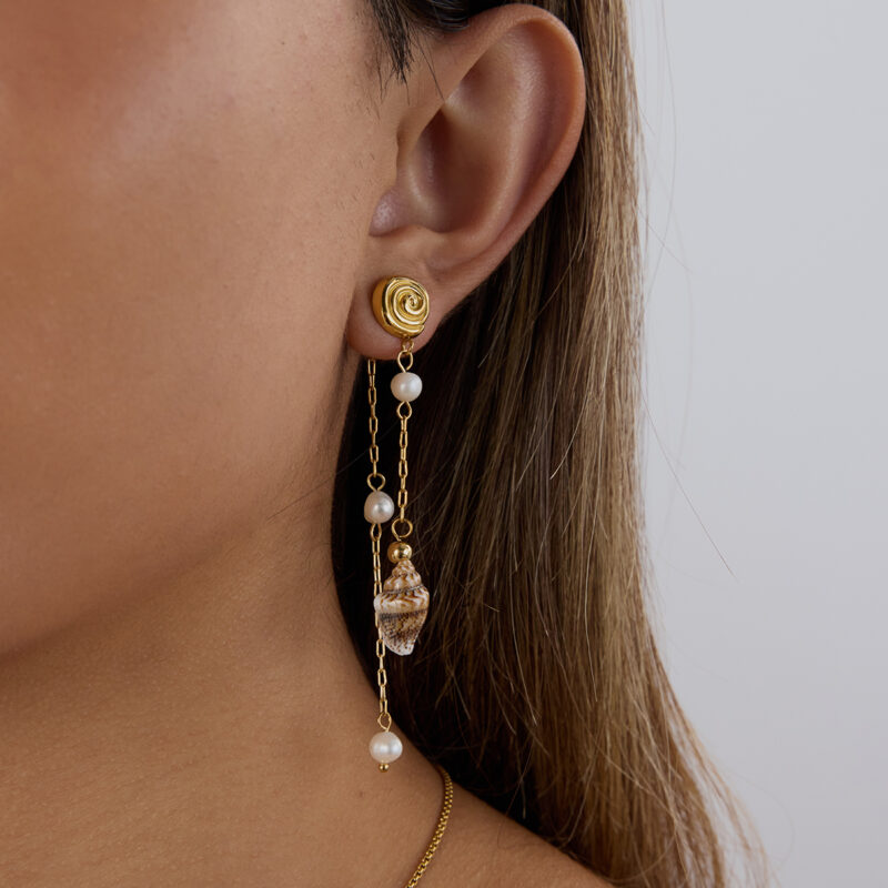 Gold Conch and Pearl Tassel Earrings - Image 3