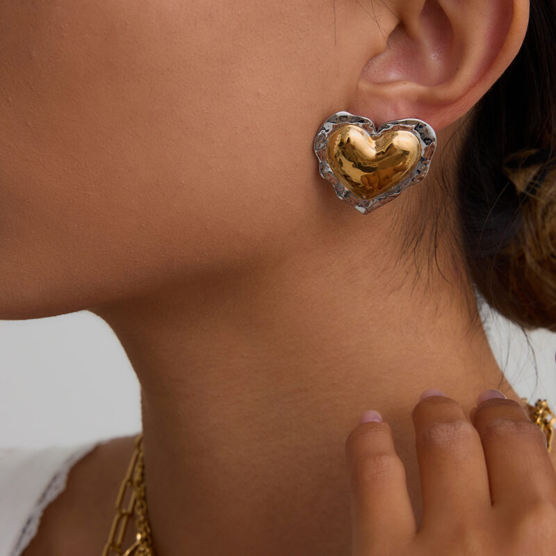 Two-Tone Hammered Heart Earrings - Image 2