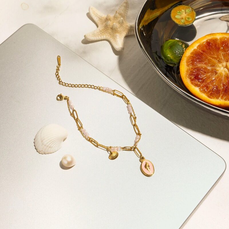 Boho Pink Crystal Conch Charm Bracelet, 18K Gold Plated Double Chain - Image 7