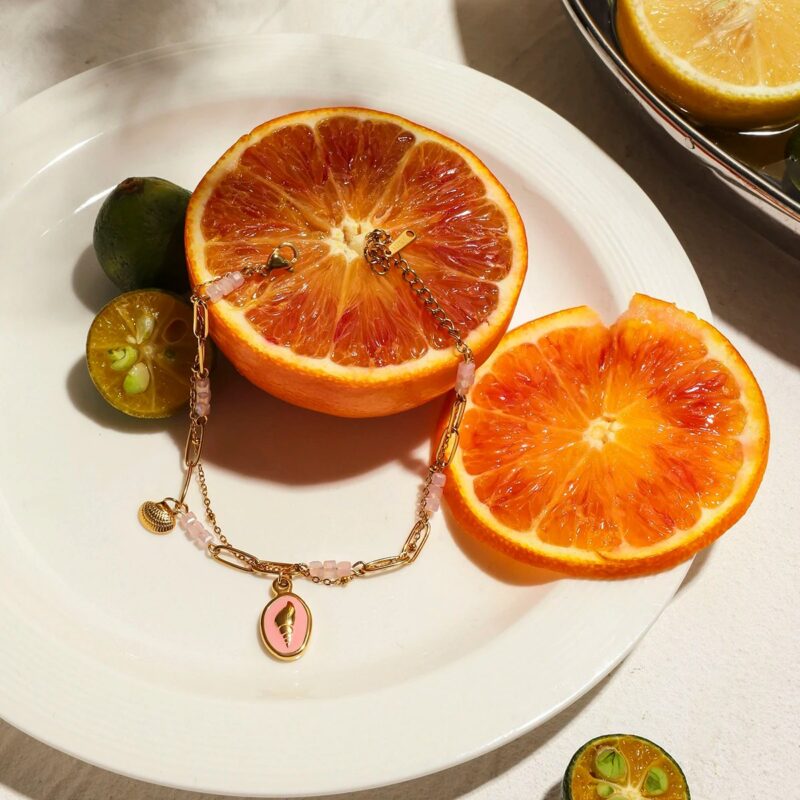 Boho Pink Crystal Conch Charm Bracelet, 18K Gold Plated Double Chain - Image 6