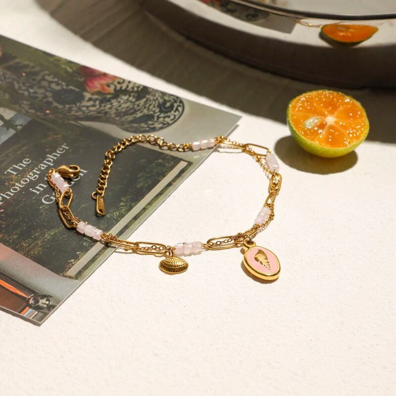 Boho Pink Crystal Conch Charm Bracelet, 18K Gold Plated Double Chain - Image 2