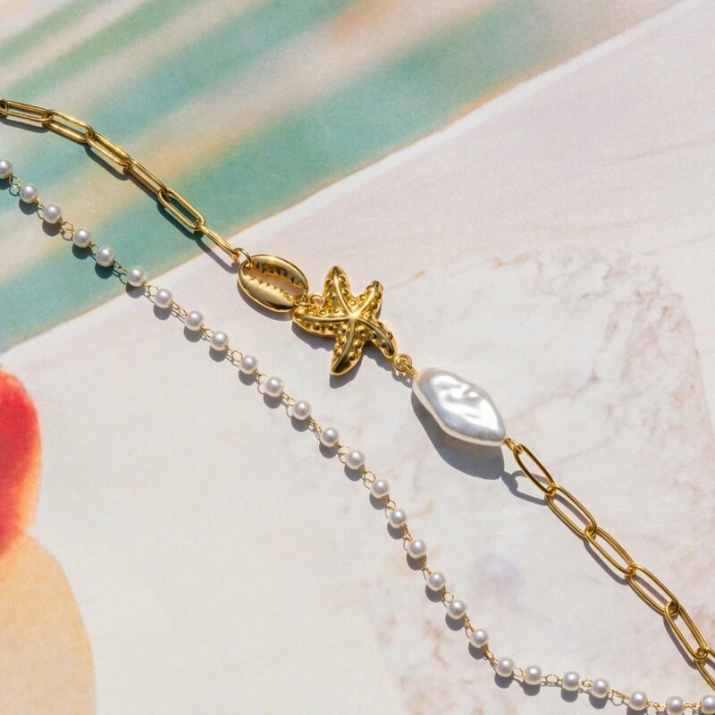 18K Gold-Plated Pearl Starfish Double Layer Bracelet for Women - Image 7