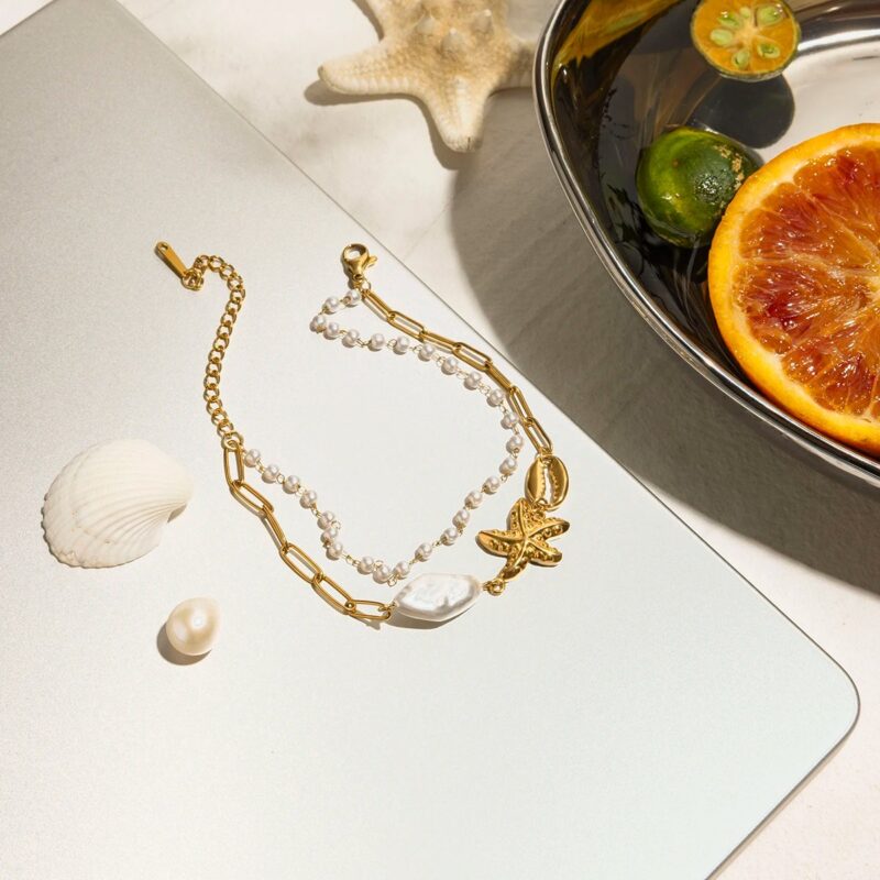 18K Gold-Plated Pearl Starfish Double Layer Bracelet for Women - Image 2