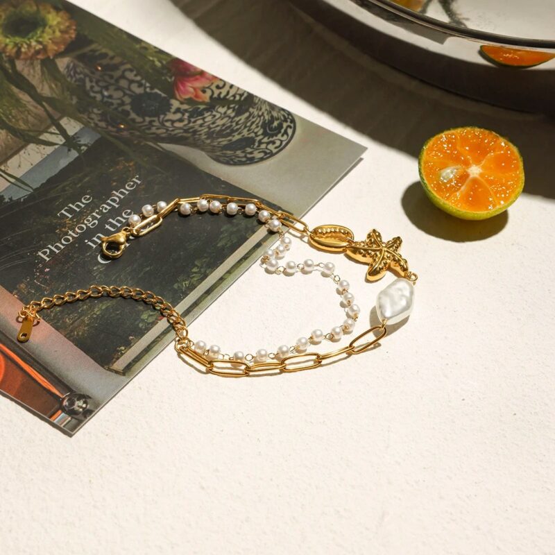 18K Gold-Plated Pearl Starfish Double Layer Bracelet for Women - Image 6