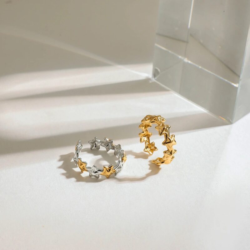 18K Gold-Plated Two-Tone Stainless Steel Star Open Ring for Women - Image 7