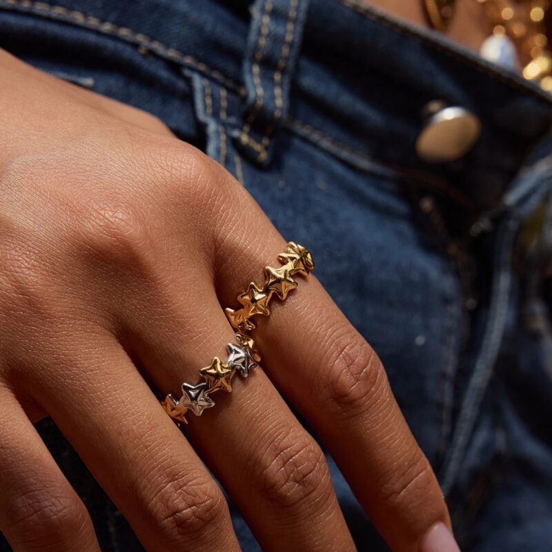 18K Gold-Plated Two-Tone Stainless Steel Star Open Ring for Women - Image 4