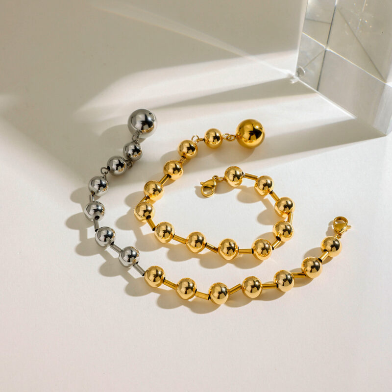 18K Gold-Plated Two-Tone Stainless Steel Ball Bead Bracelet for Women - Image 3