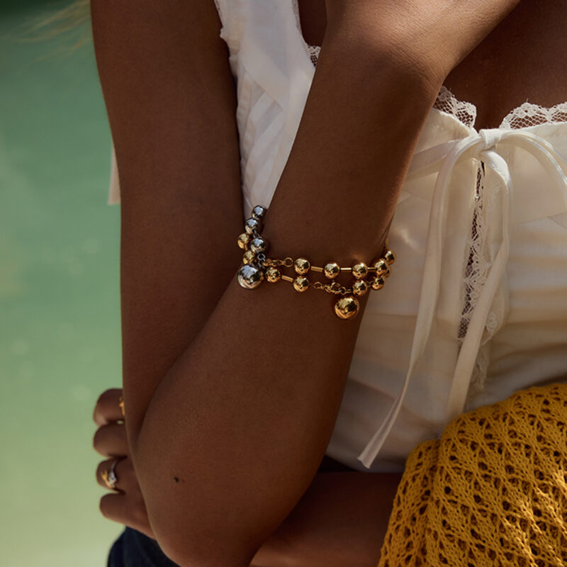 18K Gold-Plated Two-Tone Stainless Steel Ball Bead Bracelet for Women - Image 6