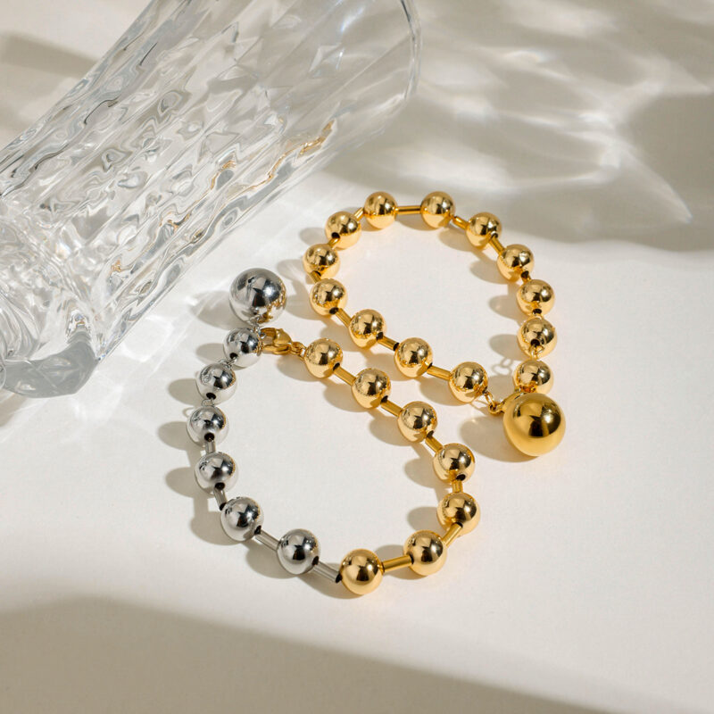 18K Gold-Plated Two-Tone Stainless Steel Ball Bead Bracelet for Women - Image 2
