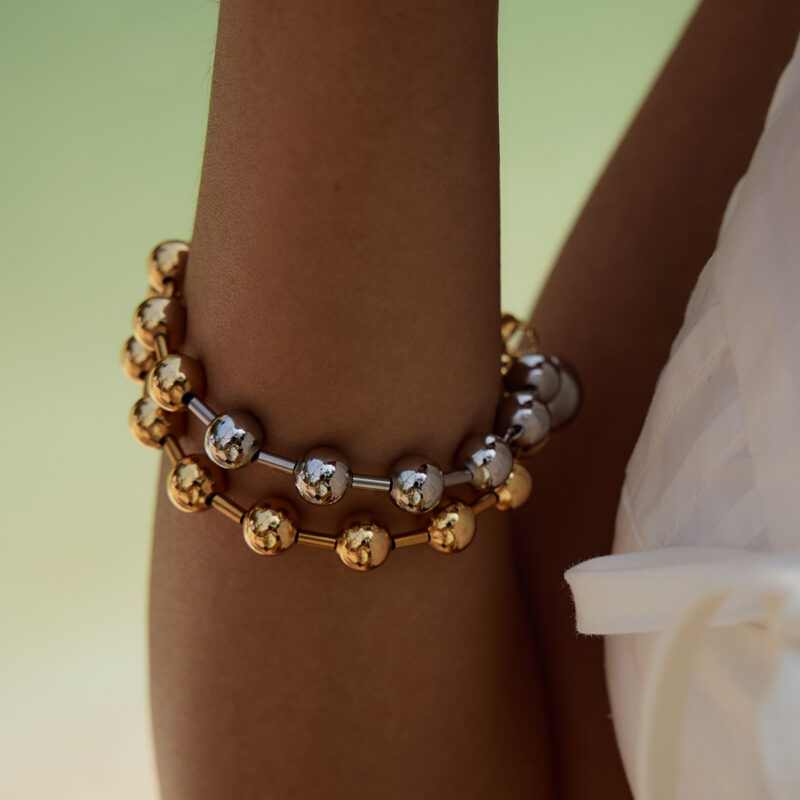 18K Gold-Plated Two-Tone Stainless Steel Ball Bead Bracelet for Women - Image 7