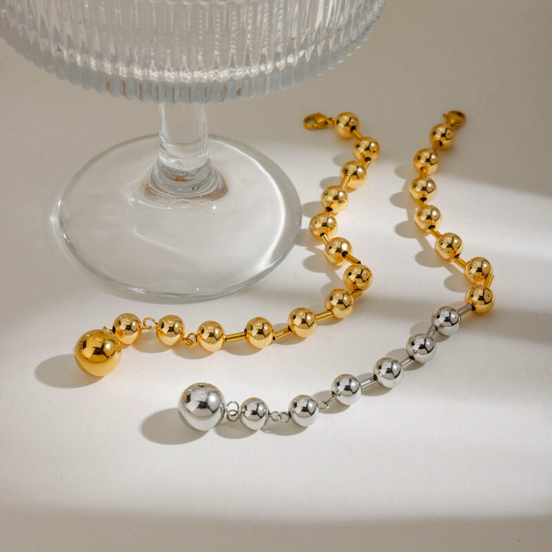 18K Gold-Plated Two-Tone Stainless Steel Ball Bead Bracelet for Women - Image 4