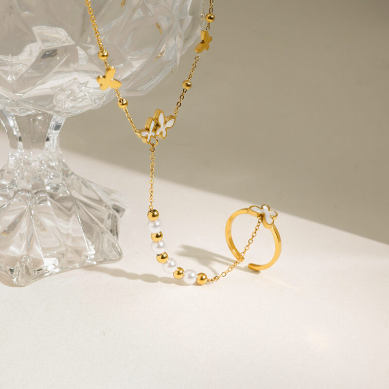 18K Gold Plated Pearl Butterfly Finger Bracelet for Women - Waterproof & Stylish - Image 7