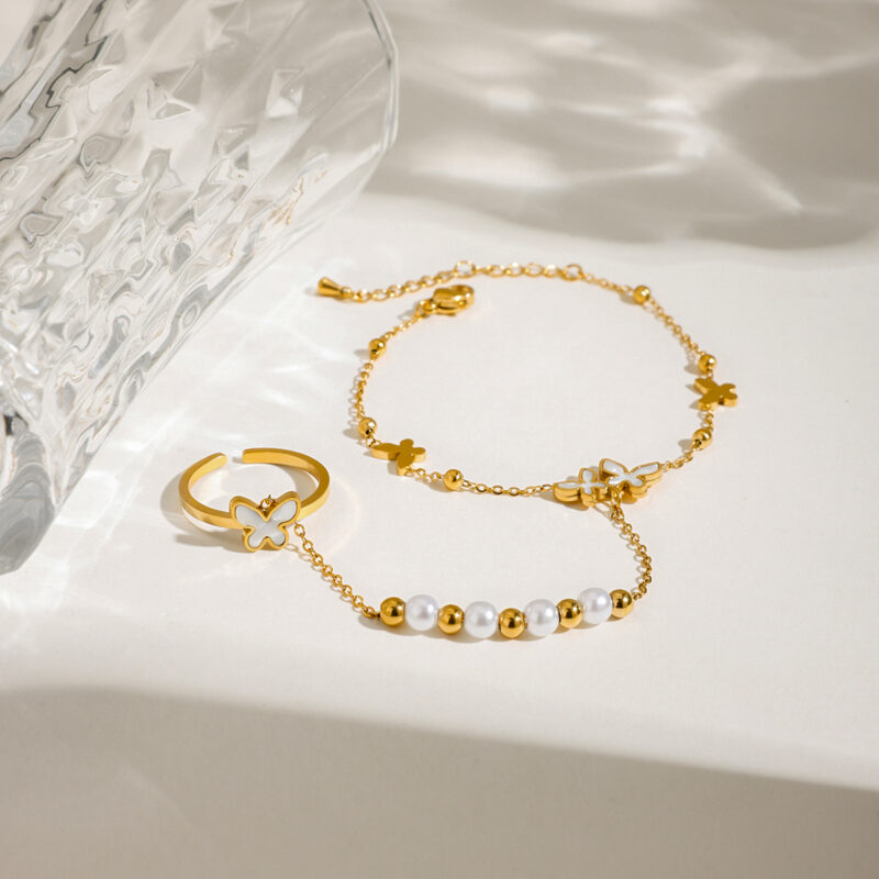 18K Gold Plated Pearl Butterfly Finger Bracelet for Women - Waterproof & Stylish - Image 5