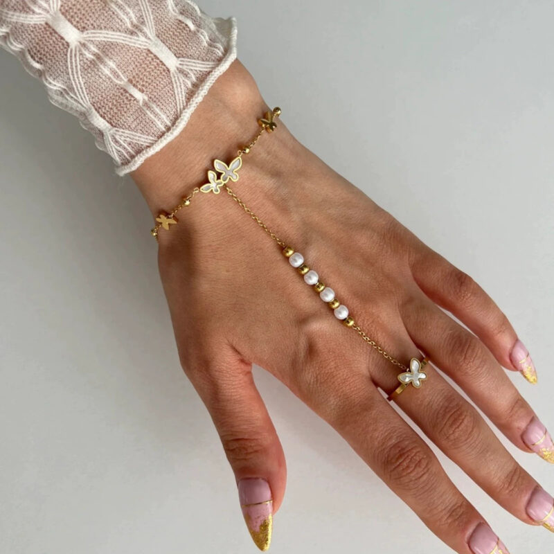 18K Gold Plated Pearl Butterfly Finger Bracelet for Women - Waterproof & Stylish - Image 4