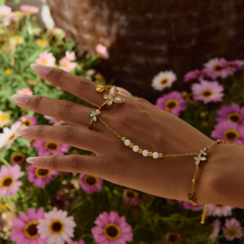 18K Gold Plated Pearl Butterfly Finger Bracelet for Women - Waterproof & Stylish