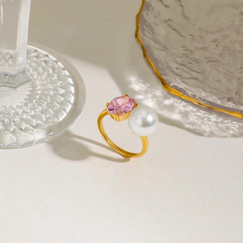 Elegant 18K Gold Zircon & Pearl Ring for Women – Romantic Party Jewelry