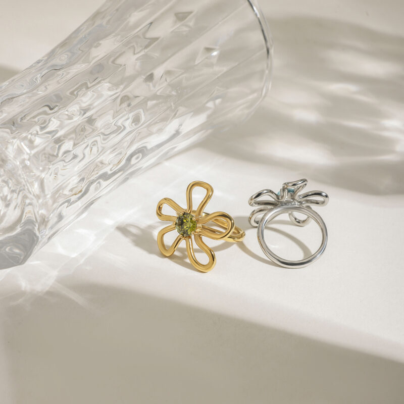 Gold-Plated Stainless Steel Flower Ring with Colorful Zircon Inlay - Image 6