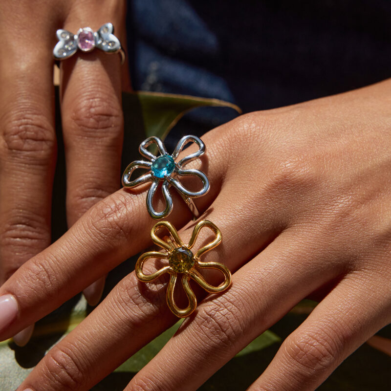 Gold-Plated Stainless Steel Flower Ring with Colorful Zircon Inlay - Image 4